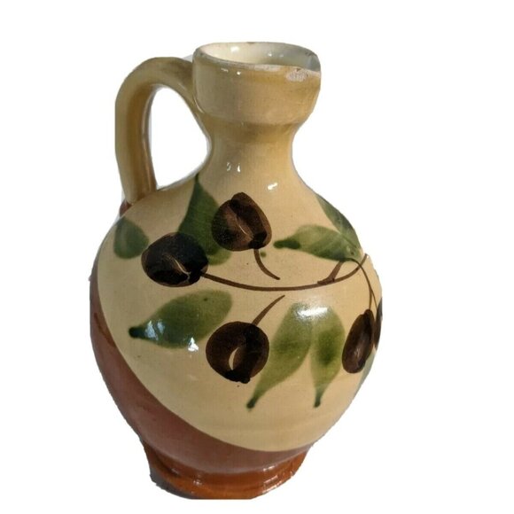 Hand Painted Ceramic Jug With Olive Design Small Vintage 6.55” Rustic Decor - Picture 1 of 6